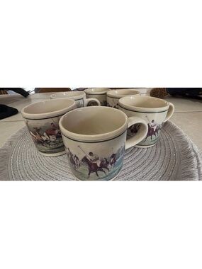 Ceramic Polo Horse Pattern Coffee Mugs - Cream with Green Accent (Set)